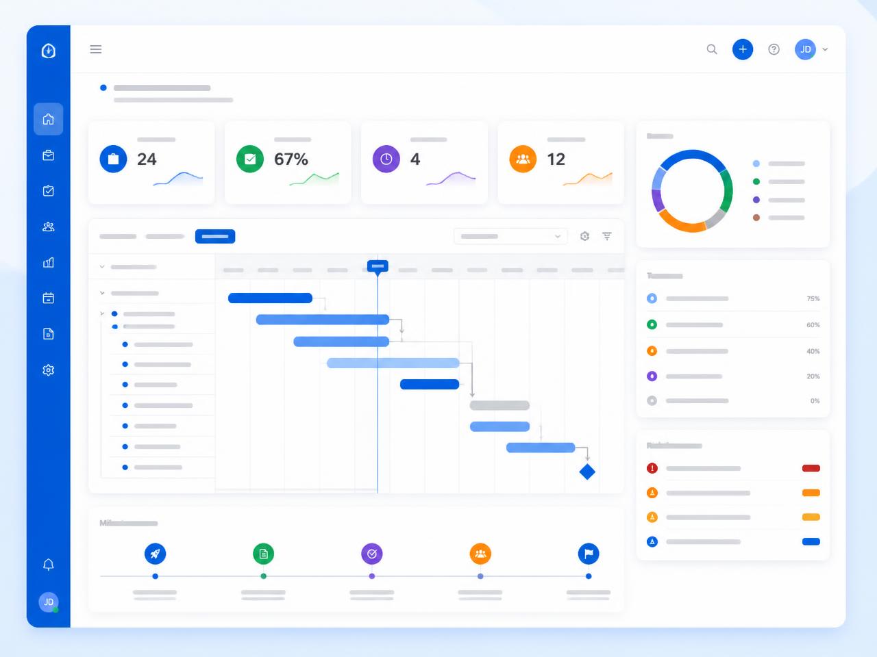 Tableau de bord de pilotage de projets IT présentant un diagramme de Gantt, des indicateurs d'avancement et une timeline de jalons